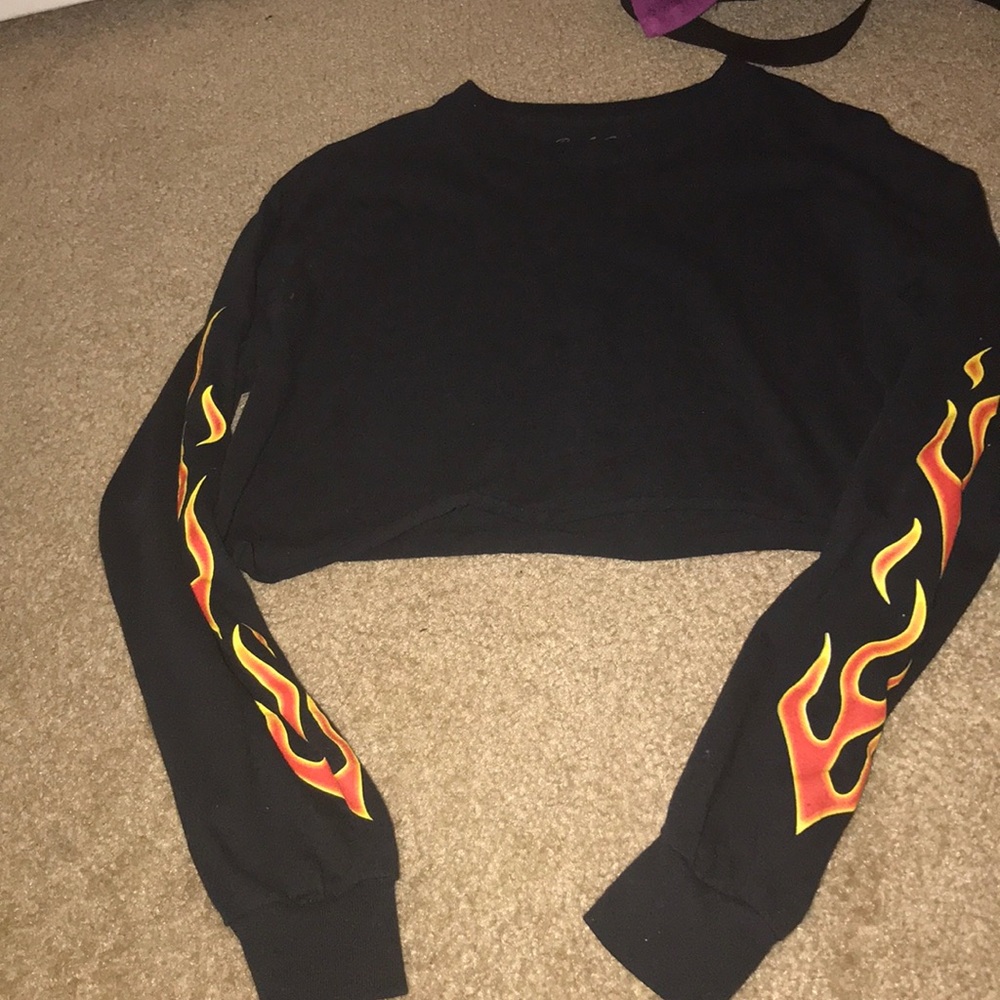 black crop top long sleeve with fire on sleeves